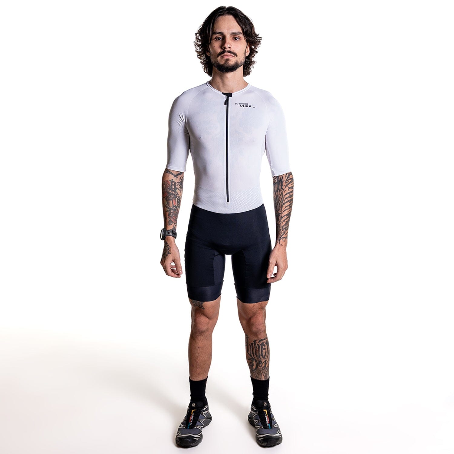 Macaquinho Triathlon com Manga VUKA Masc Branco Macaquinho Triathlon com manga Masculino Compressão Corpo Inteiro FLETS