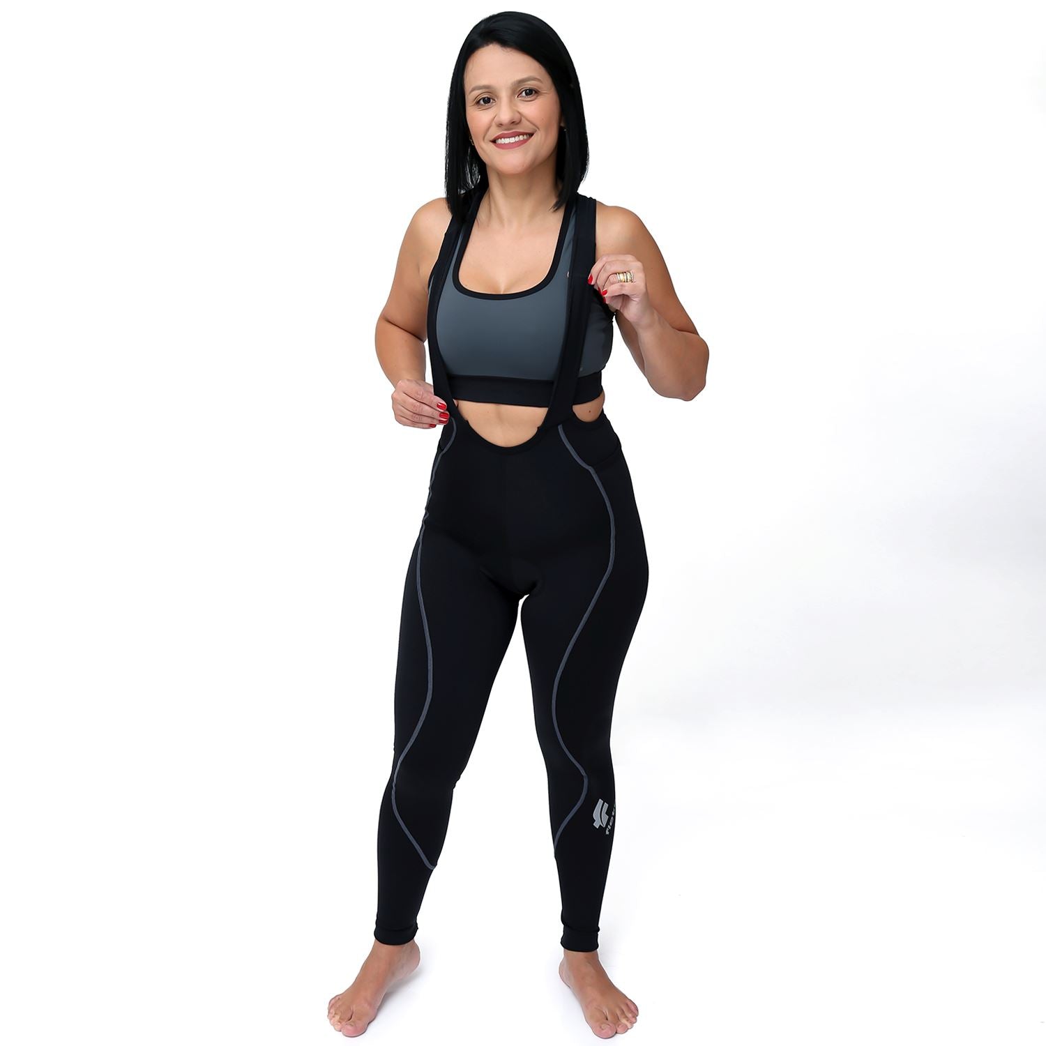 Calça Bretelle NOVA CYCLETECH Preta/ESTANHO | Feminina Calça Bretelle Ciclismo Feminina Compressão FLETS 