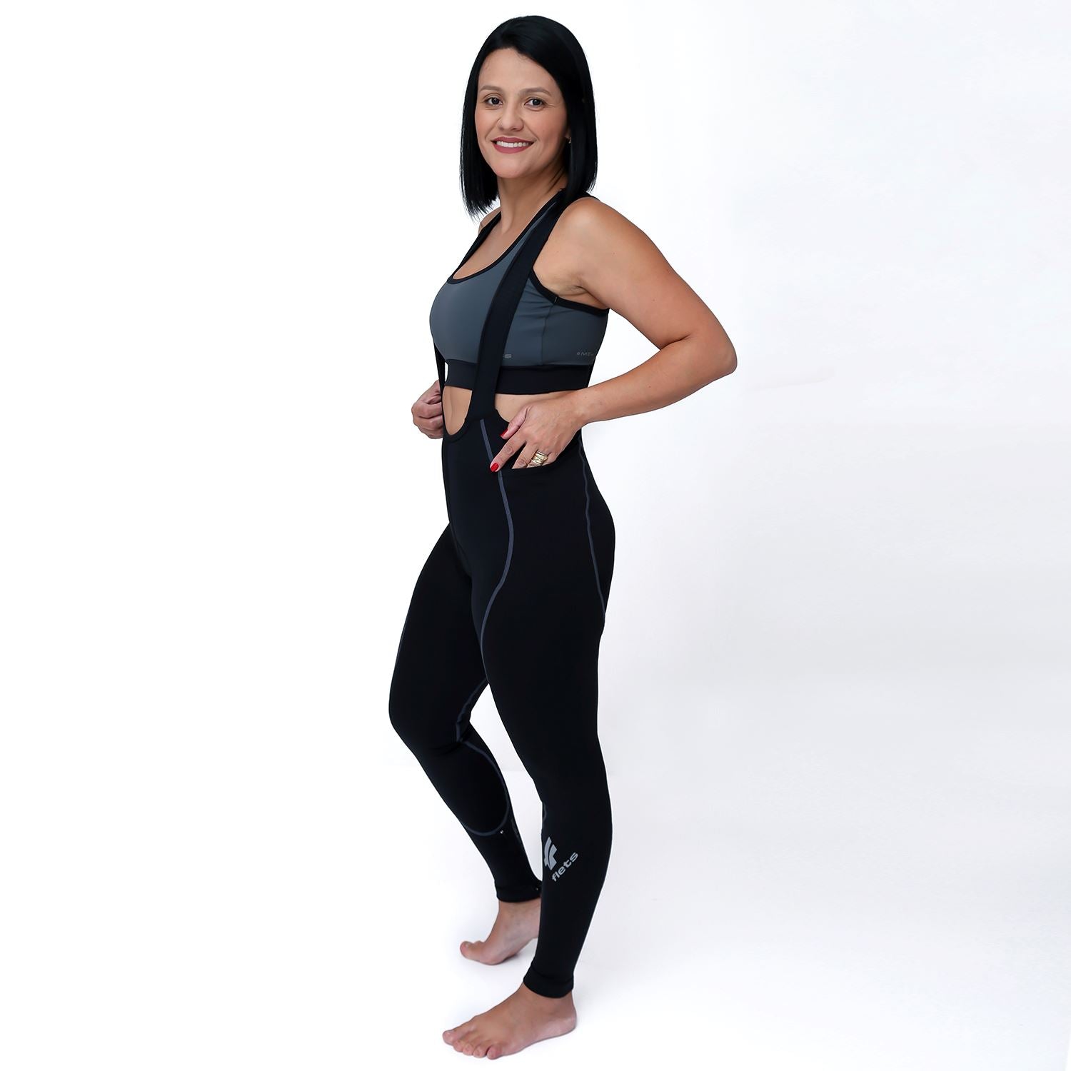 Calça Bretelle NOVA CYCLETECH Preta/ESTANHO | Feminina Calça Bretelle Ciclismo Feminina Compressão FLETS 