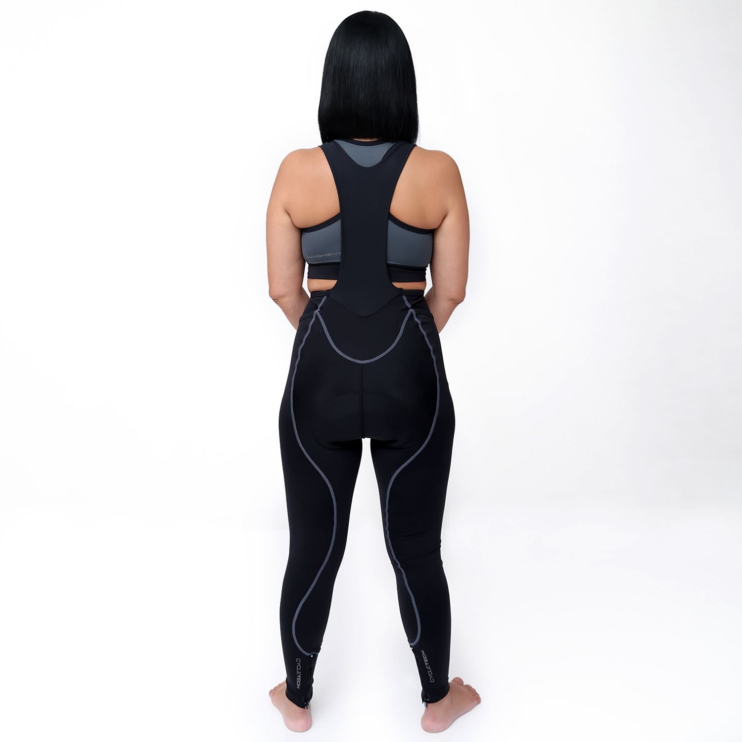Calça Bretelle NOVA CYCLETECH Preta/ESTANHO | Feminina Calça Bretelle Ciclismo Feminina Compressão FLETS 