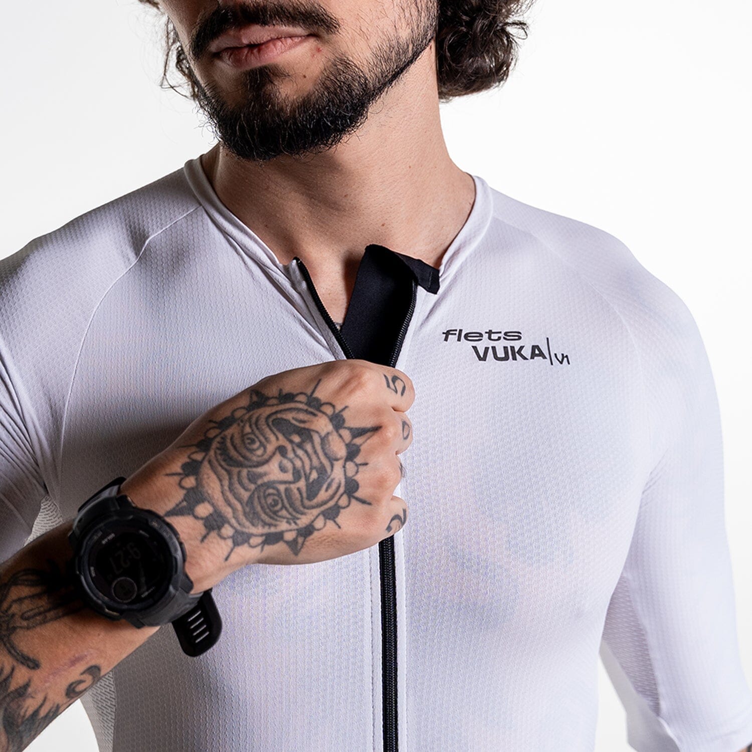 Macaquinho Triathlon com Manga VUKA Masc Branco Macaquinho Triathlon com manga Masculino Compressão Corpo Inteiro FLETS 