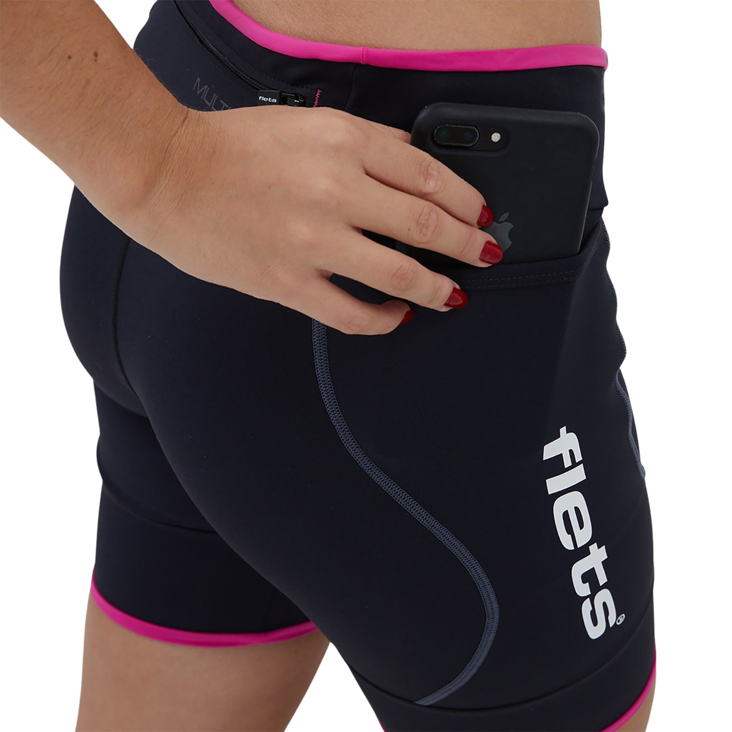 BERMUDA MULTISPORT RUN BOLSO PRETA COM ROSA FEMININA Bermuda Corrida Feminina Compressão Parte de Baixo Flets 