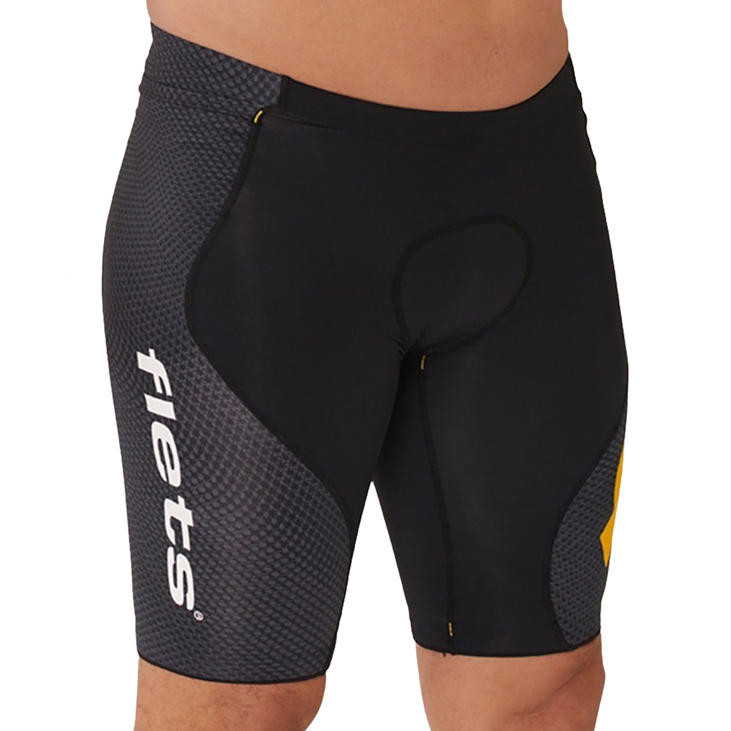 Bermuda TRIATHLON - Preta c/ Lateral FFE l logo F AMARELO l Masc Bermuda Triathlon Masculina Compressão Parte de Baixo Flets 