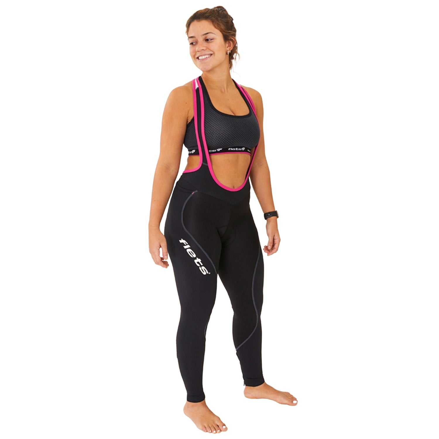 CALÇA BRETELLE BASIC COMPRESSION FEMININA COM DETALHE ROSA Calça Bretelle Ciclismo Feminina Compressão Flets 