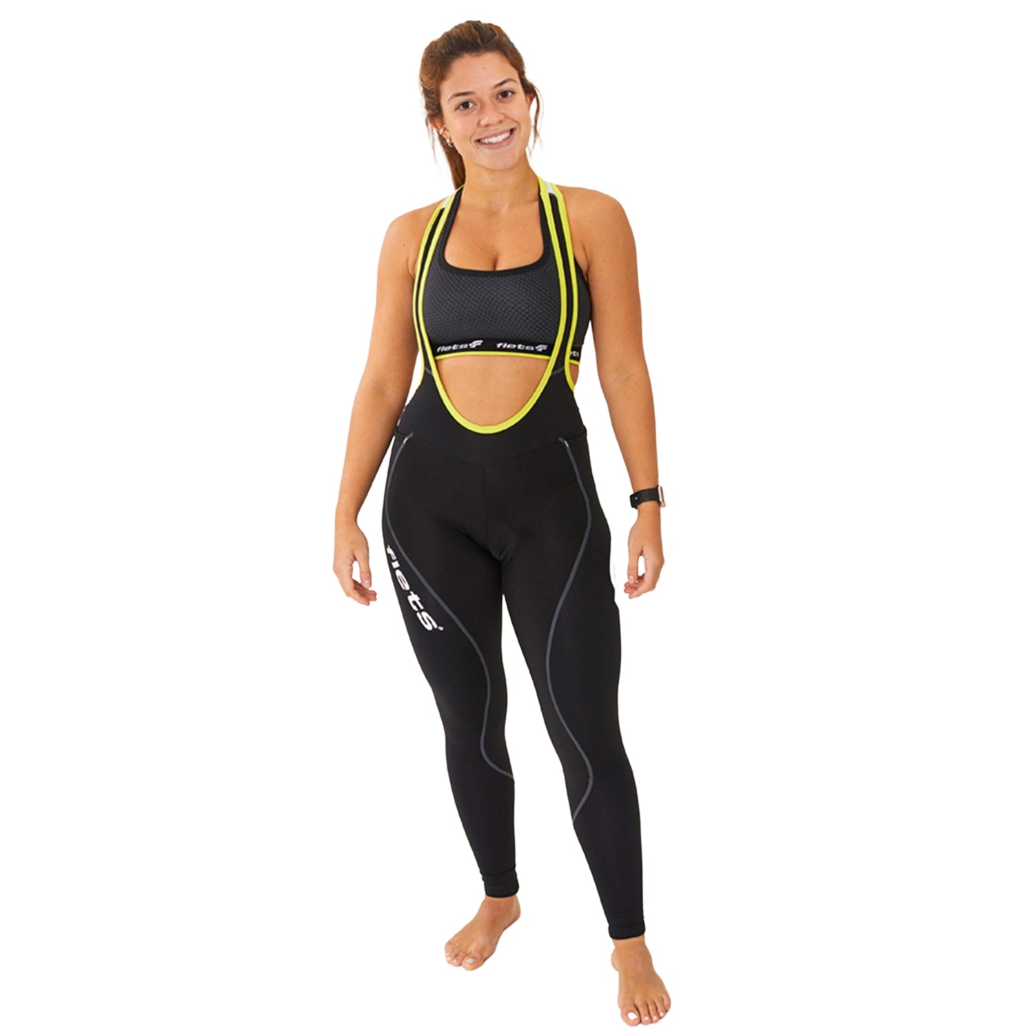 CALÇA BRETELLE BASIC COMPRESSION FEMININA COM DETALHE VERDE Calça Bretelle Ciclismo Feminina Compressão Flets 