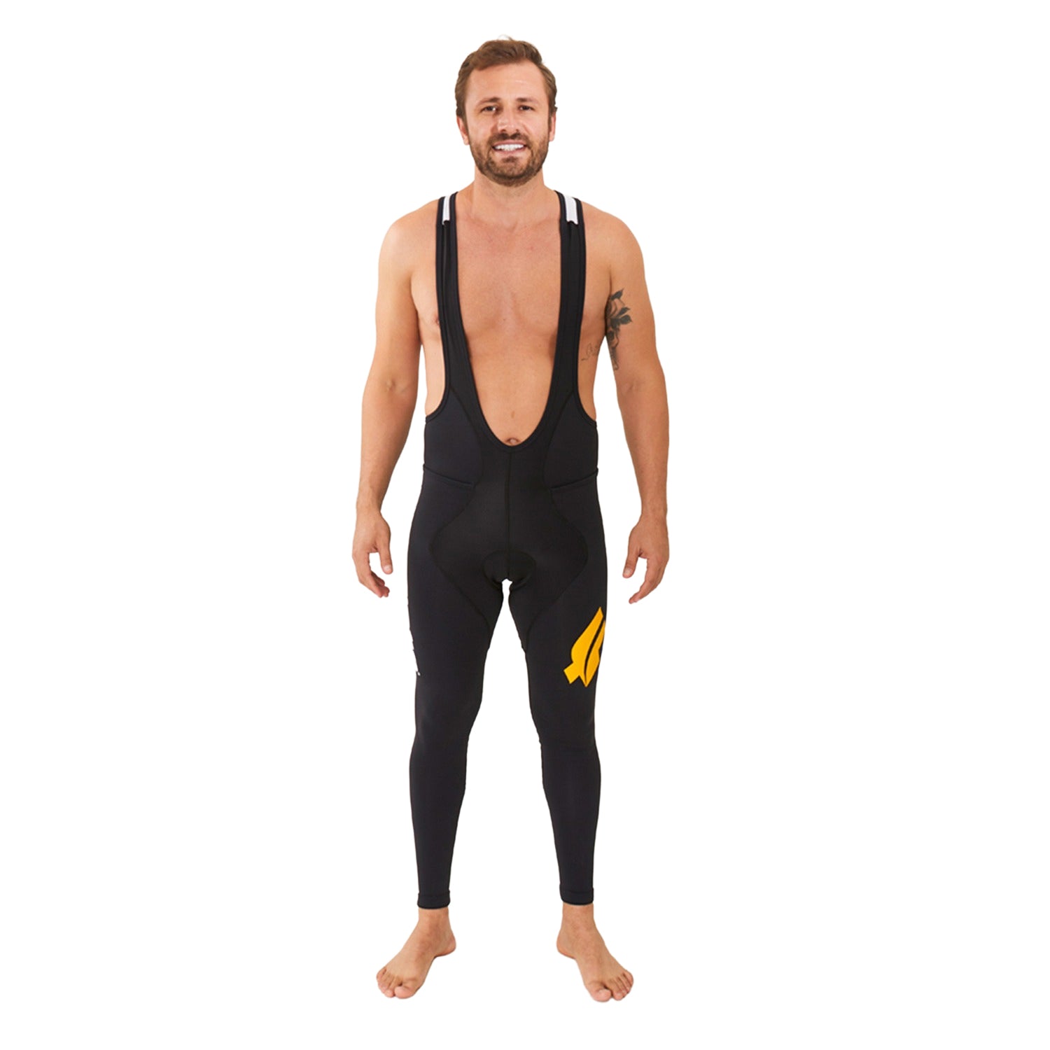 Calça Bretelle Basic - Preto c/ F AMARELO l Masc Calça Bretelle Ciclismo Masculina Compressão Corpo Inteiro Flets 