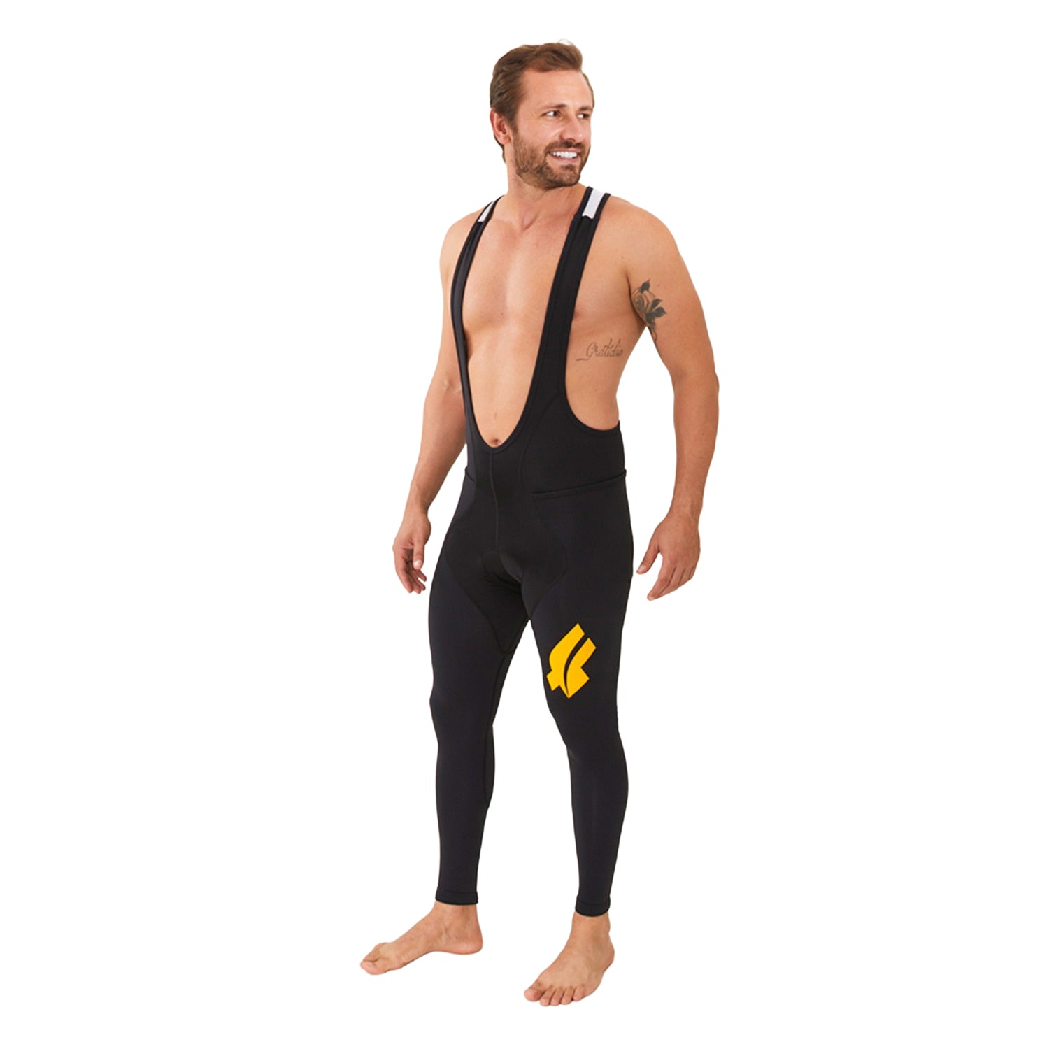 Calça Bretelle Basic - Preto c/ F AMARELO l Masc Calça Bretelle Ciclismo Masculina Compressão Corpo Inteiro Flets 
