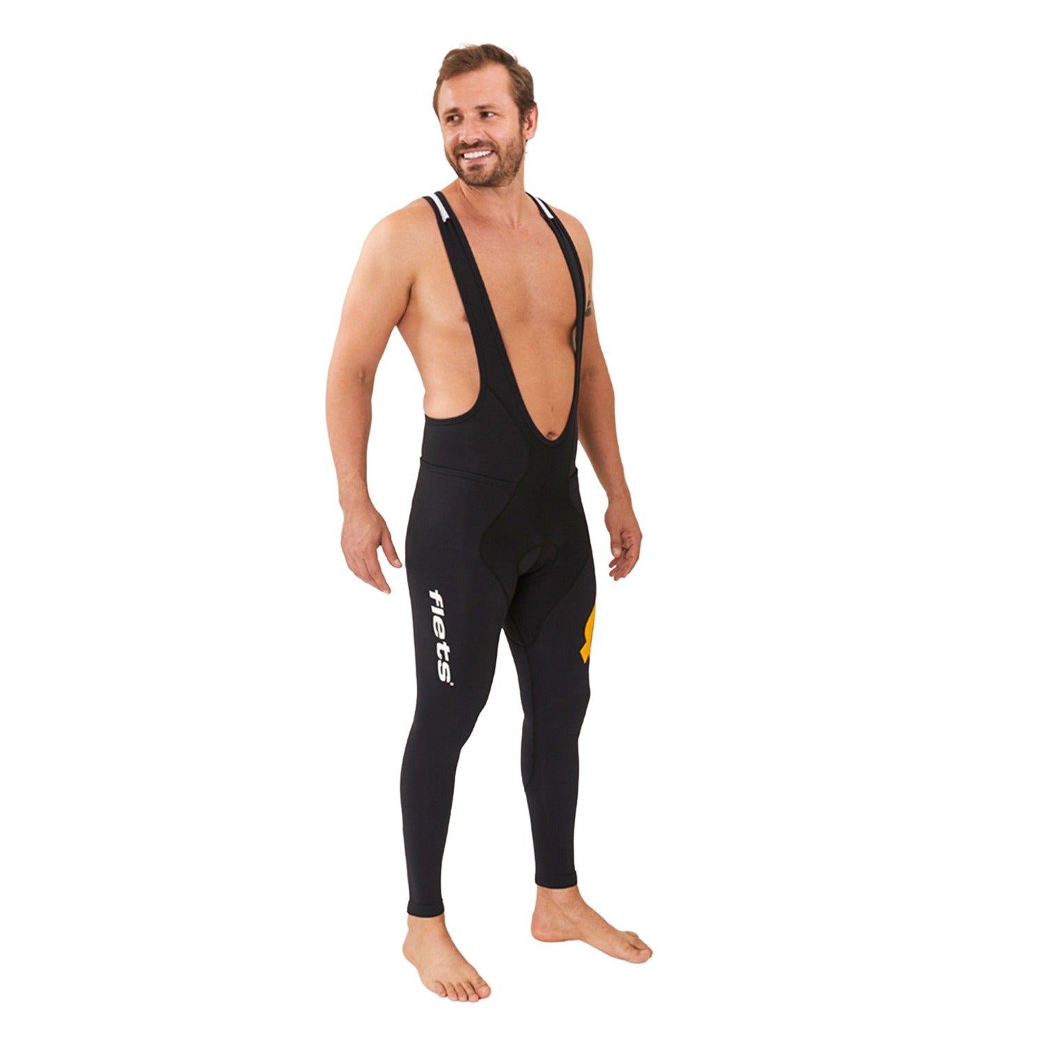 Calça Bretelle Basic - Preto c/ F AMARELO l Masc Calça Bretelle Ciclismo Masculina Compressão Corpo Inteiro Flets 