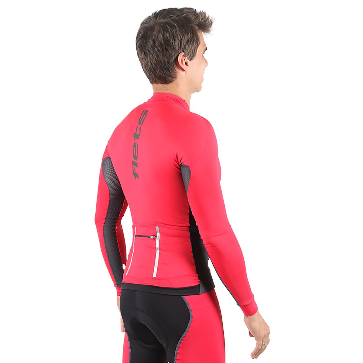 Jersey Manga Longa Masculina | Vermelha c/ Estanho Camisa Ciclismo Masculina Parte de Cima FLETS 