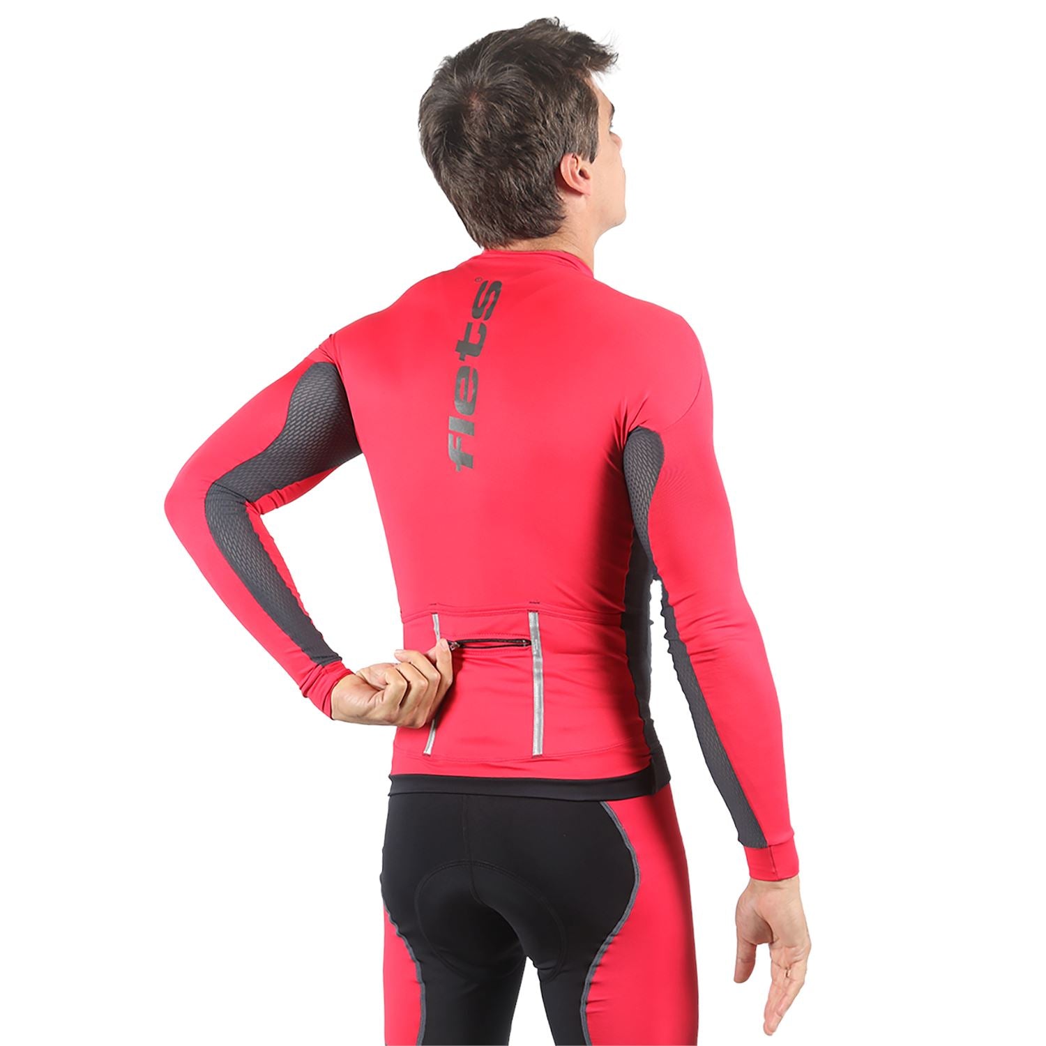 Jersey Manga Longa Masculina | Vermelha c/ Estanho Camisa Ciclismo Masculina Parte de Cima FLETS 