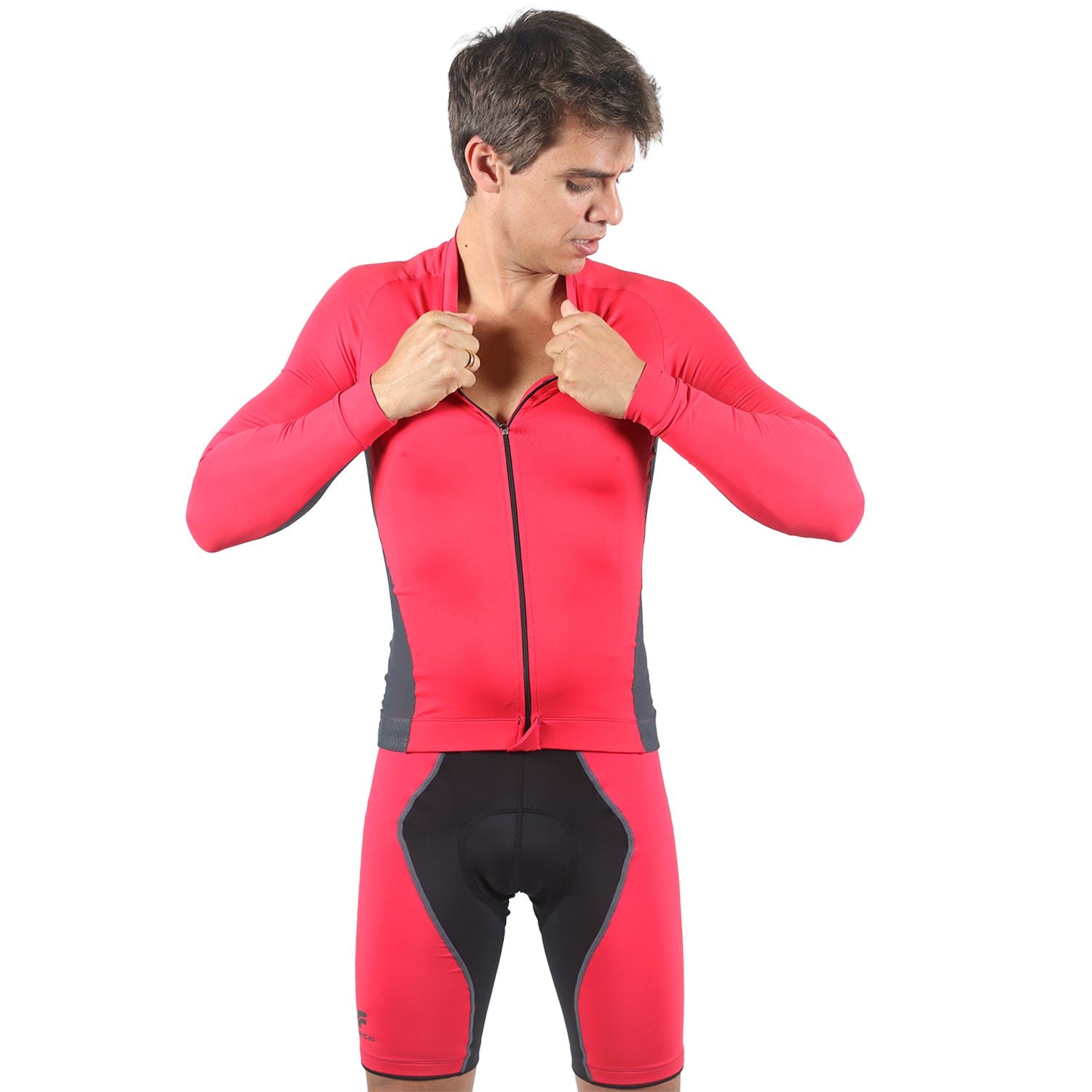 Jersey Manga Longa Masculina | Vermelha c/ Estanho Camisa Ciclismo Masculina Parte de Cima FLETS 