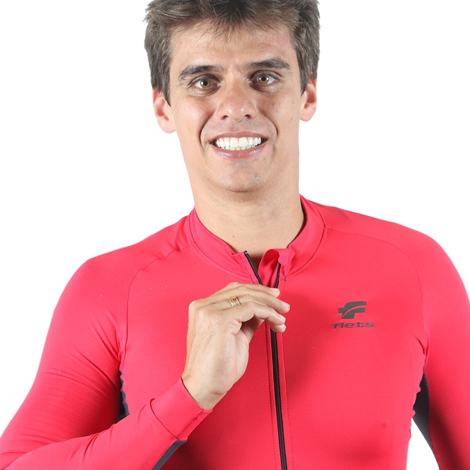 Jersey Manga Longa Masculina | Vermelha c/ Estanho Camisa Ciclismo Masculina Parte de Cima FLETS 