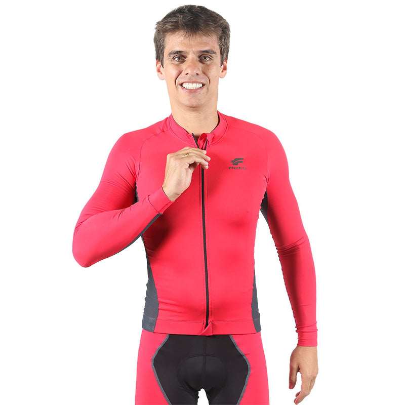 Jersey Manga Longa Masculina | Vermelha c/ Estanho Camisa Ciclismo Masculina Parte de Cima FLETS 
