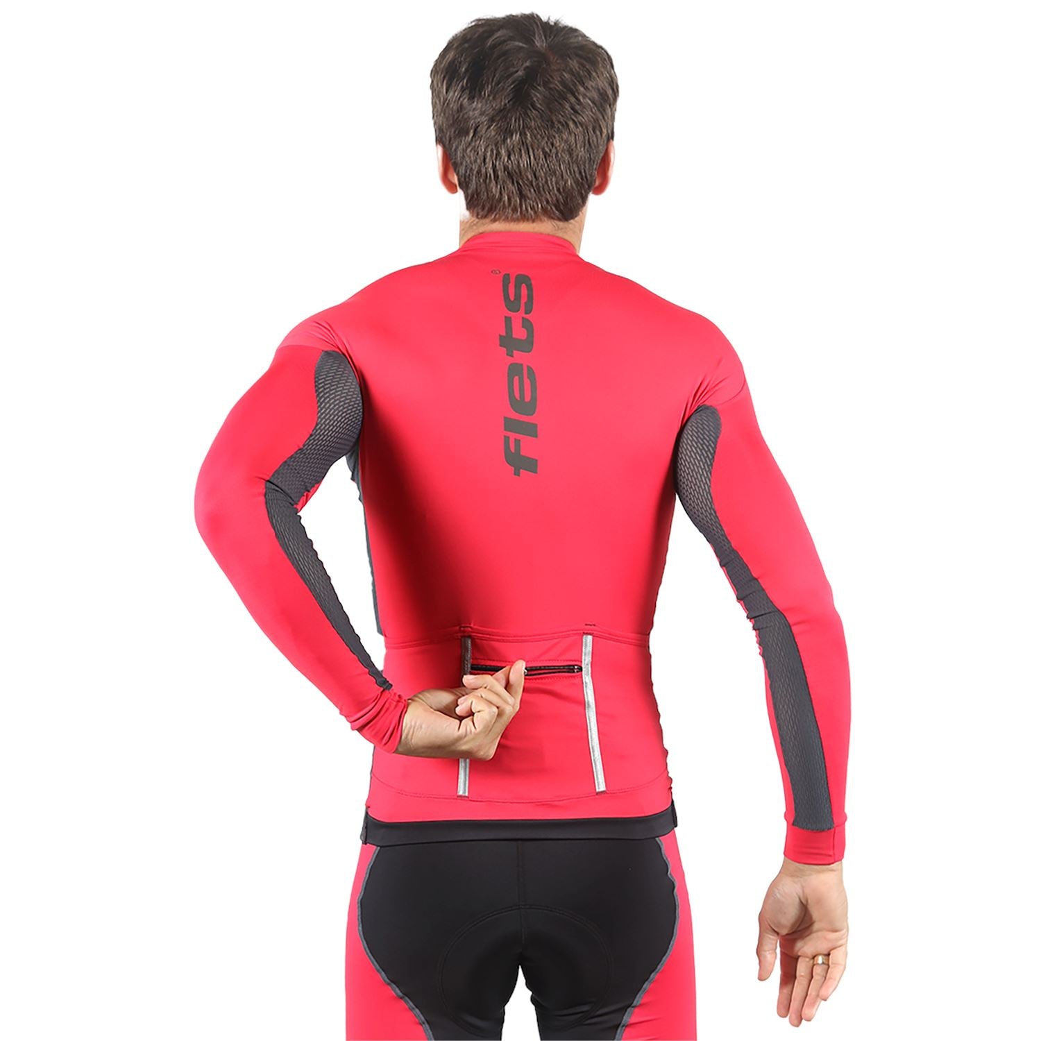 Jersey Manga Longa Masculina | Vermelha c/ Estanho Camisa Ciclismo Masculina Parte de Cima FLETS 